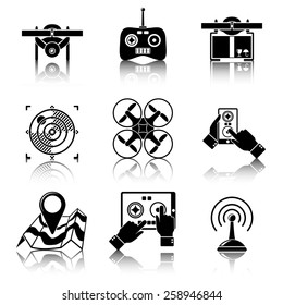 Set of drone icons with reflections - drone with box, drone top view, surveillance drone, navigation, map, controllers, tablet and smartphone apps. Vector