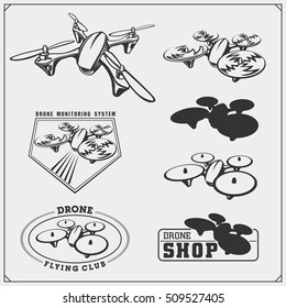 Set of drone labels, badges, emblems and design elements.