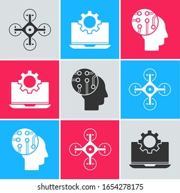 Set Drone, Laptop and gear and Human brain as digital circuit board icon. Vector