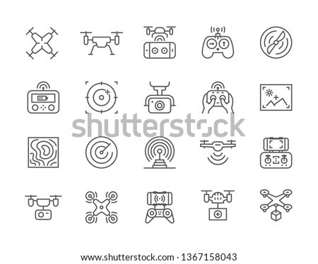 Set of Drone Line Icons. Fast Delivery, Remote Controller, Propeller, City Maps Navigation, Action Camera, Radar Screen, Radio Antenna and more. Pack of 48x48 Pixel Icons