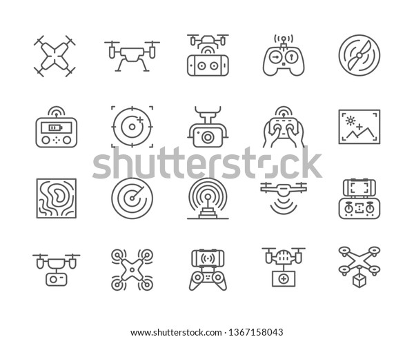 Set of Drone Line\
Icons. Fast Delivery, Remote Controller, Propeller, City Maps\
Navigation, Action Camera, Radar Screen, Radio Antenna and more.\
Pack of 48x48 Pixel Icons