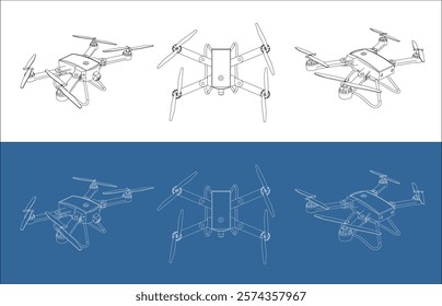 set drone line vector technical drawing blueprint. isolated on transparent background