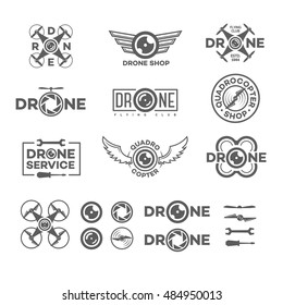 Set of drone logo isolated on white background and drone element and equipment. Set of drone flying club labels, badges and design elements. Vector Illustration 