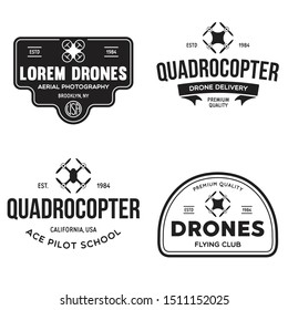 Set of drone logos, badges, emblems and design elements. Quadrocopter flying club, delivery logotypes. Vintage vector illustration.