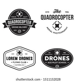 Set of drone logos, badges, emblems and design elements. Quadrocopter flying club, delivery logotypes. Vintage vector illustration.