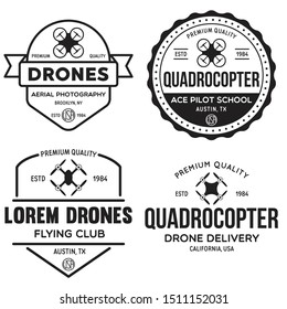 Set of drone logos, badges, emblems and design elements. Quadrocopter flying club, delivery logotypes. Vintage vector illustration.