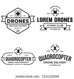 Set of drone logos, badges, emblems and design elements. Quadrocopter flying club, delivery logotypes. Vintage vector illustration.