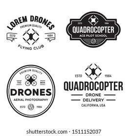 Set of drone logos, badges, emblems and design elements. Quadrocopter flying club, delivery logotypes. Vintage vector illustration.