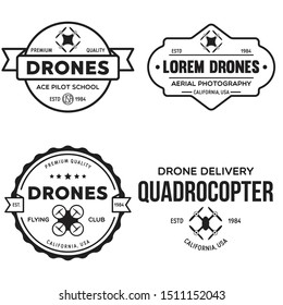 Set of drone logos, badges, emblems and design elements. Quadrocopter flying club, delivery logotypes. Vintage vector illustration.