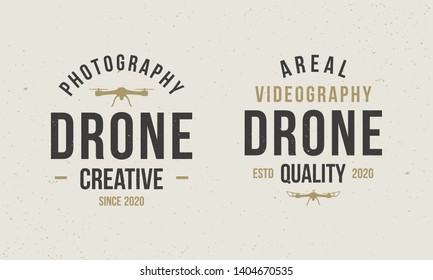 Set of drone logos. Drone photography logo template. Drone Videography emblem, label, badge template. Vintage design. Vector template.