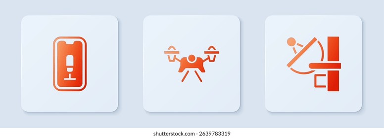 Set Drone, Mobile recording and Radar. White square button. Vector