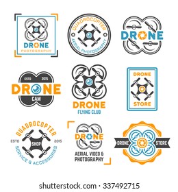 Set of drone or quadrocopter for aerial photography, colored labels, badges, emblems and logos isolated on white background, drone store, drone flying club design elements