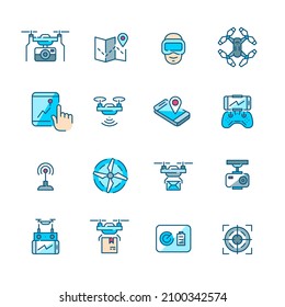 Set of drone related icons. Camera mounts, controller, front view and top view. Pixel perfect, editable stroke colorful icons