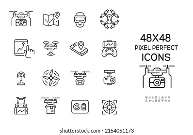 Set of drone related icons. Camera mounts, controller, front view and top view. Pixel perfect, editable stroke 48x48 icons