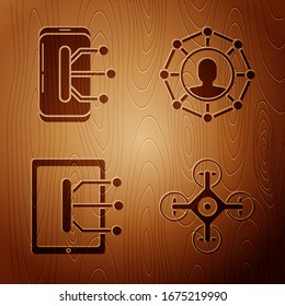 Set Drone, Smartphone, mobile phone, Tablet and Project team base on wooden background. Vector