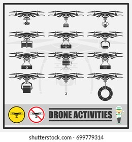 Set of drone vector illustration in various activities of operation