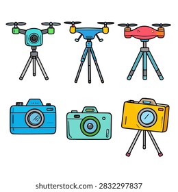 Set of drones and cameras on tripods, ideal for aerial photography, videography, and creative media projects.