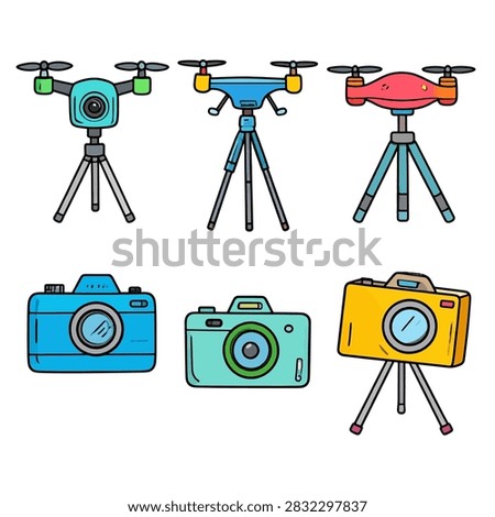 Set of drones and cameras on tripods, ideal for aerial photography, videography, and creative media projects.