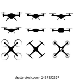 Set of drones icon silhouettes. Simple vector silhouette of drone on white background