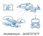 Set of drones with integrated camera, mobile phone controller and follow up video icon. Hand drawn line art cartoon vector illustration.