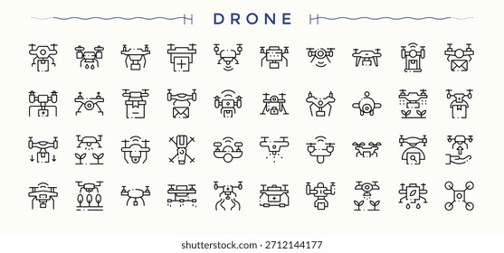 Conjunto de iconos de línea de drones. Incluido drone, aviación, aire, vuelo, vuelo, tecnología, cámara y más. Colección para App móviles y de Web. Conjunto de iconos de transporte. Vector ilustración y obra de arte.