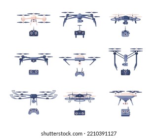 Set of drones with remote controls flat style, vector illustration isolated on white background. Modern technologies, devices with cameras for making photos and videos