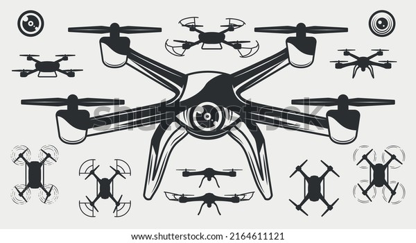 Set Drones Silhouettes Icons Vintage Drone 库存矢量图（免版税）2164611121