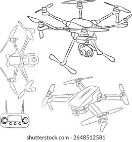 a set of drones of various types and a remote control, for filming sports competitions, recreation or vlogs