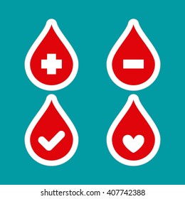 Set of drop of blood icons with different symbols on a colored background