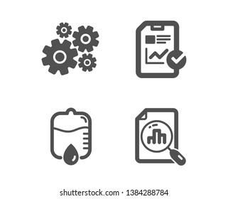 Set of Drop counter, Cogwheel and Report checklist icons. Analytics graph sign. Medical equipment, Engineering tool, Sales growth file. Chart report.  Classic design drop counter icon. Flat design