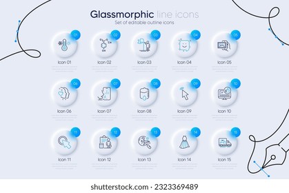 Set of Drop counter, Leadership and Click here line icons for web app. Accounting, Voicemail, Smile icons. Heart, Image album, Chemical formula signs. Search flight, Thermometer, Dress. Vector