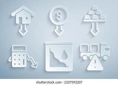 Set Drop in crude oil price, Gold bars, Calculation of expenses, Stop delivery cargo truck, Dollar rate decrease and Falling property prices icon. Vector