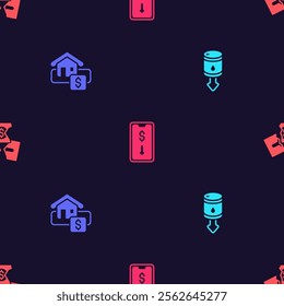 Set Drop in crude oil price, Hanging sign with Sale, Mobile stock trading and Tearing money banknote on seamless pattern. Vector