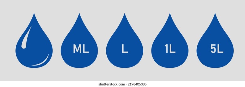 Set of drop fluid. Volume in liters and milliliter. Cookbook infographic. Culinary metric. Hydrate concept. Vector illustration