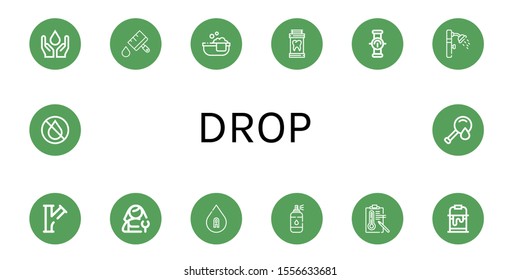 Set of drop icons. Such as Water, Paint brush, Bathtube, Medicine, Pipe, Shower, Plumber, Blood type, Spray, Temperature, Paint bucket, Ink, Blood test , drop icons