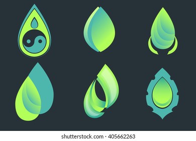 Set of drop and leaf vector icons on dark background. Yin and yang symbol, gradient leaves sign, tiara logo, water symbol, tear label.