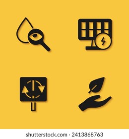 Set Drop and magnifying glass, Leaf hand, Recycle symbol and Solar energy panel icon with long shadow. Vector