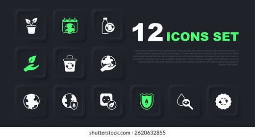 Set Drop and magnifying glass, Recycle symbol, bin, Shield with leaf, Leaf hand, Earth shield, World day and Electrical outlet icon. Vector