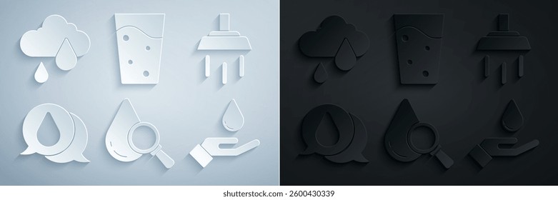 Set Drop and magnifying glass, Shower, Water drop, Washing hands with soap, Glass water and Cloud rain icon. Vector