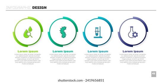 Set Drop and magnifying glass, Virus, Test tube flask on stand and . Business infographic template. Vector