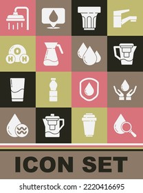 Set Drop and magnifying glass, Washing hands with soap, Water jug filter, Glass water, Jug, Chemical formula for H2O, Shower head and drop icon. Vector