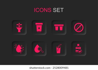 Set Drop and magnifying glass, Water filter cartridge, Fountain, Glass with water, drop forbidden, Big bottle clean,  and  icon. Vector