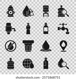 Set Drop and magnifying glass, Water drop with location, tap, cooler, Bottle of water, Mechanical pump for, Fire hydrant and  icon. Vector