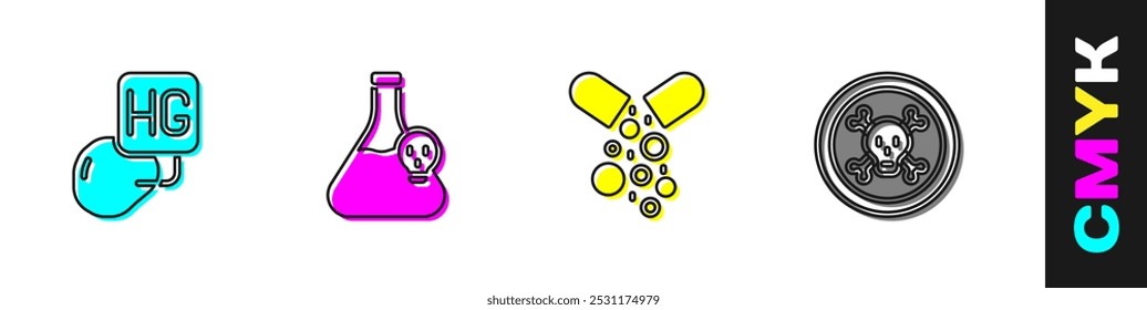 Set Drop of mercury, Beaker with toxic liquid, Poisoned pill and Bones and skull icon. Vector