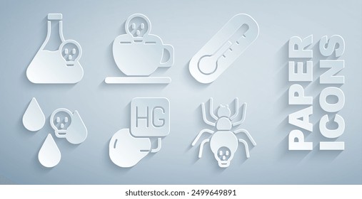 Set Tropfen von Quecksilber, Thermometer, sauren Regen, giftige Spinne, Kaffeetasse mit Schädel und Beaker giftige Flüssigkeit Symbol. Vektorgrafik