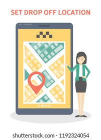 Set drop off location in the taxi booking app. Order car online in the smartphone. Vertical banner with yellow screen on the phone. Isolated flat vector illustration