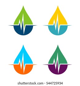 set Drop Water and Pulse Logo Template Illustration Design. Vector EPS 10.