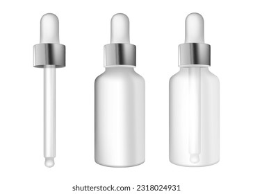 Set of dropper bottles for cosmetic serum. Cosmetic container mockups. Serum bottle with pipette isolated on white background. Collagen essence treatment medical vial. 3d vector.