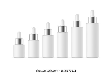 Set of Dropper Bottles with Metal Cap of Various Sizes, Isolated on White Background. Vector Illustration