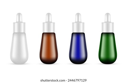 Set Of Dropper Bottles, Vial Mockup, Blank, Amber, Blue, Green, Serum, Oil, Isolated On White Background. Vector Illustration